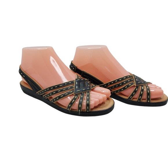 Women's Soft Spots Slingback Black/ Tan Low Wedge Sandals Size 6 M - Picture 7 of 8